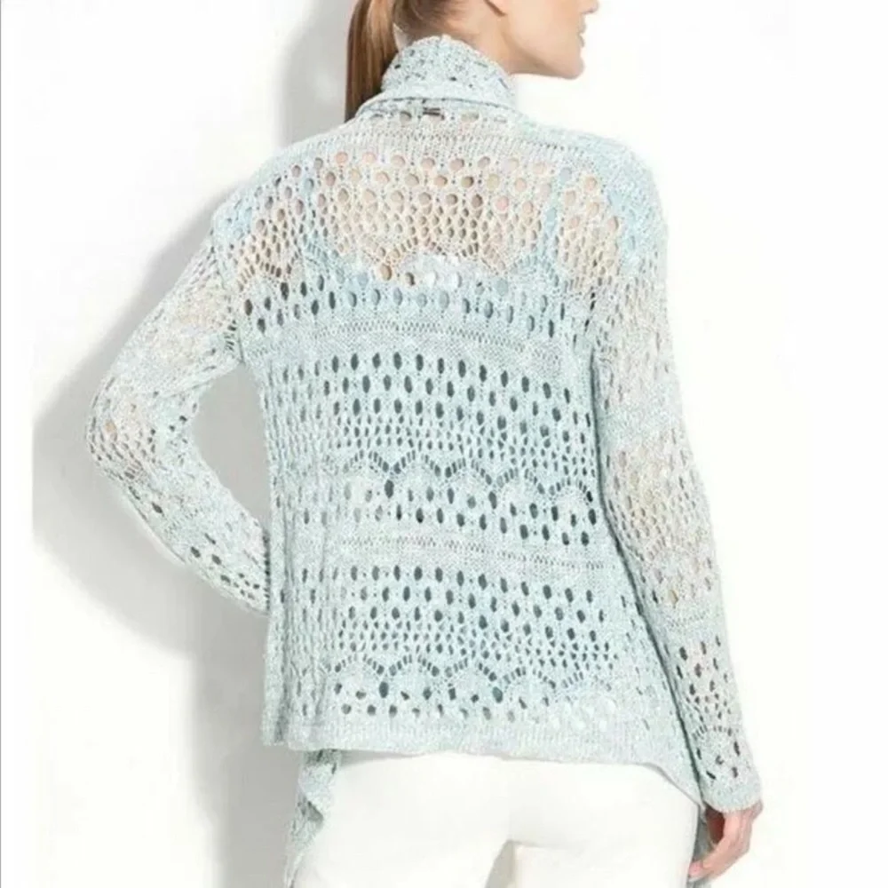St. John knitted crochet blue draped cardigan sweater size M - Picture 2 of 10